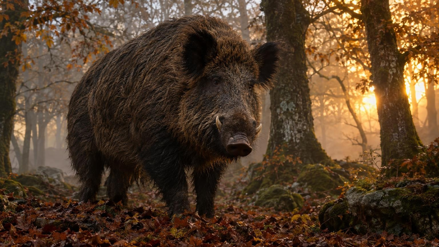 Énorme sanglier dans une forêt bretonne en automne