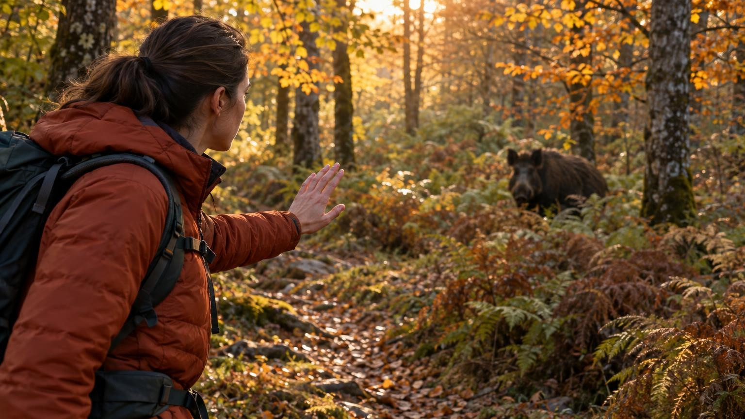 Randonneur calme face à un sanglier en forêt