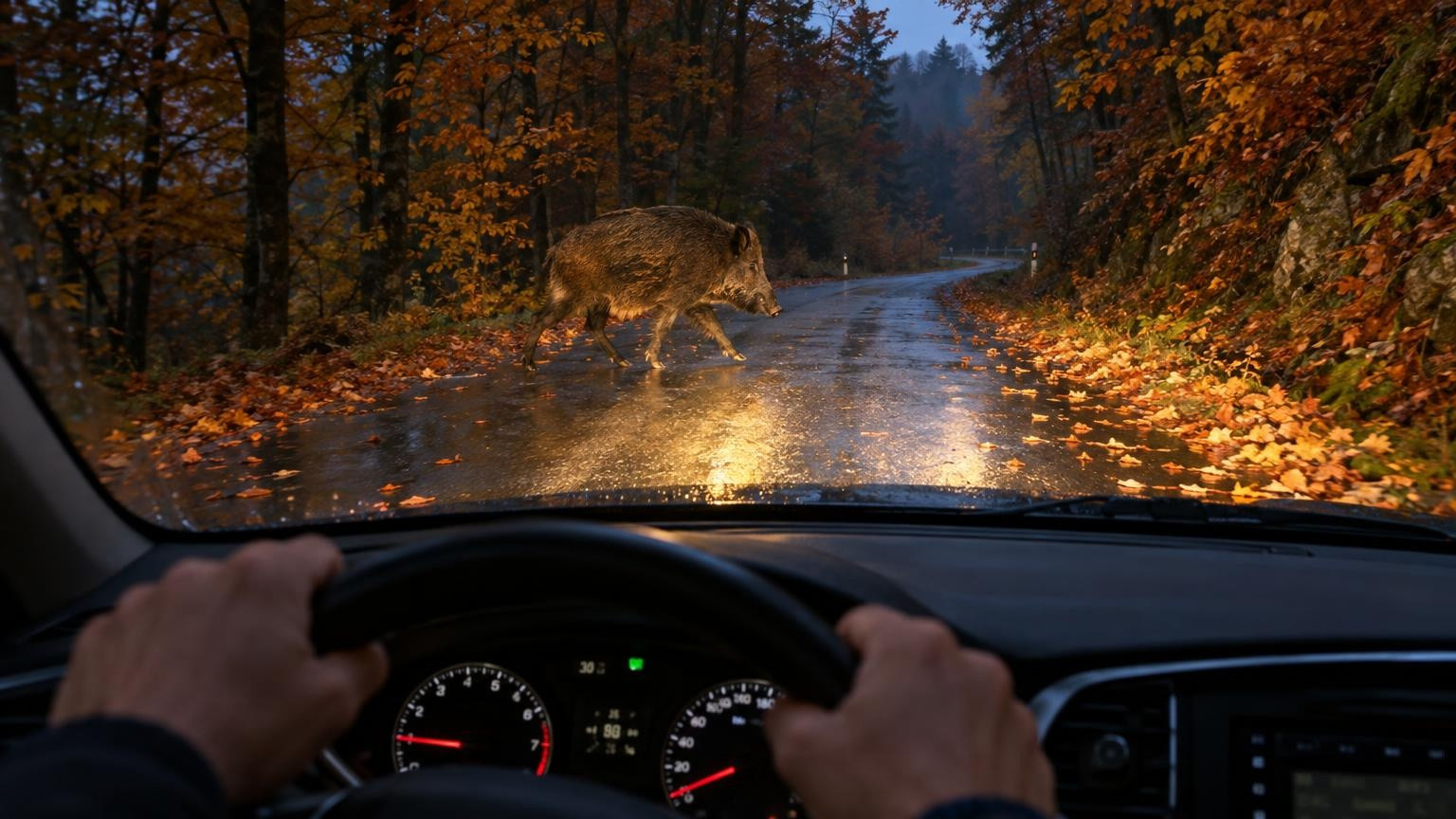 Sanglier traversant une route forestière devant une voiture