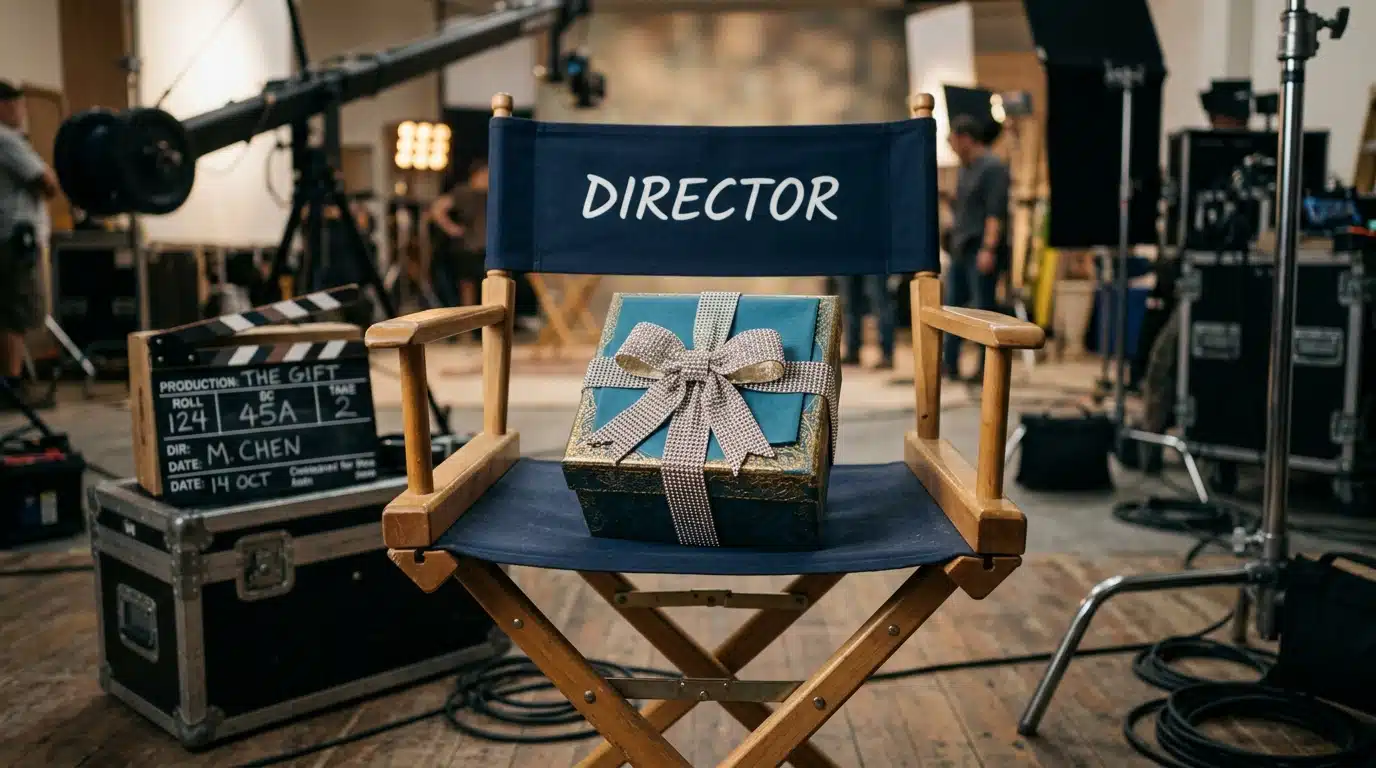 Boîte cadeau ornée de strass posée sur un fauteuil de réalisateur sur un plateau de tournage