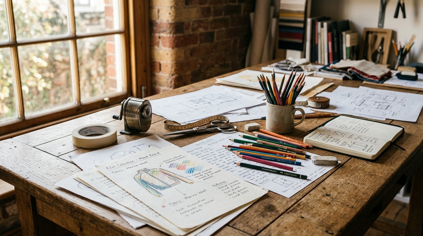 Table de travail couverte de croquis et de notes, symbole d'une stratégie repensée