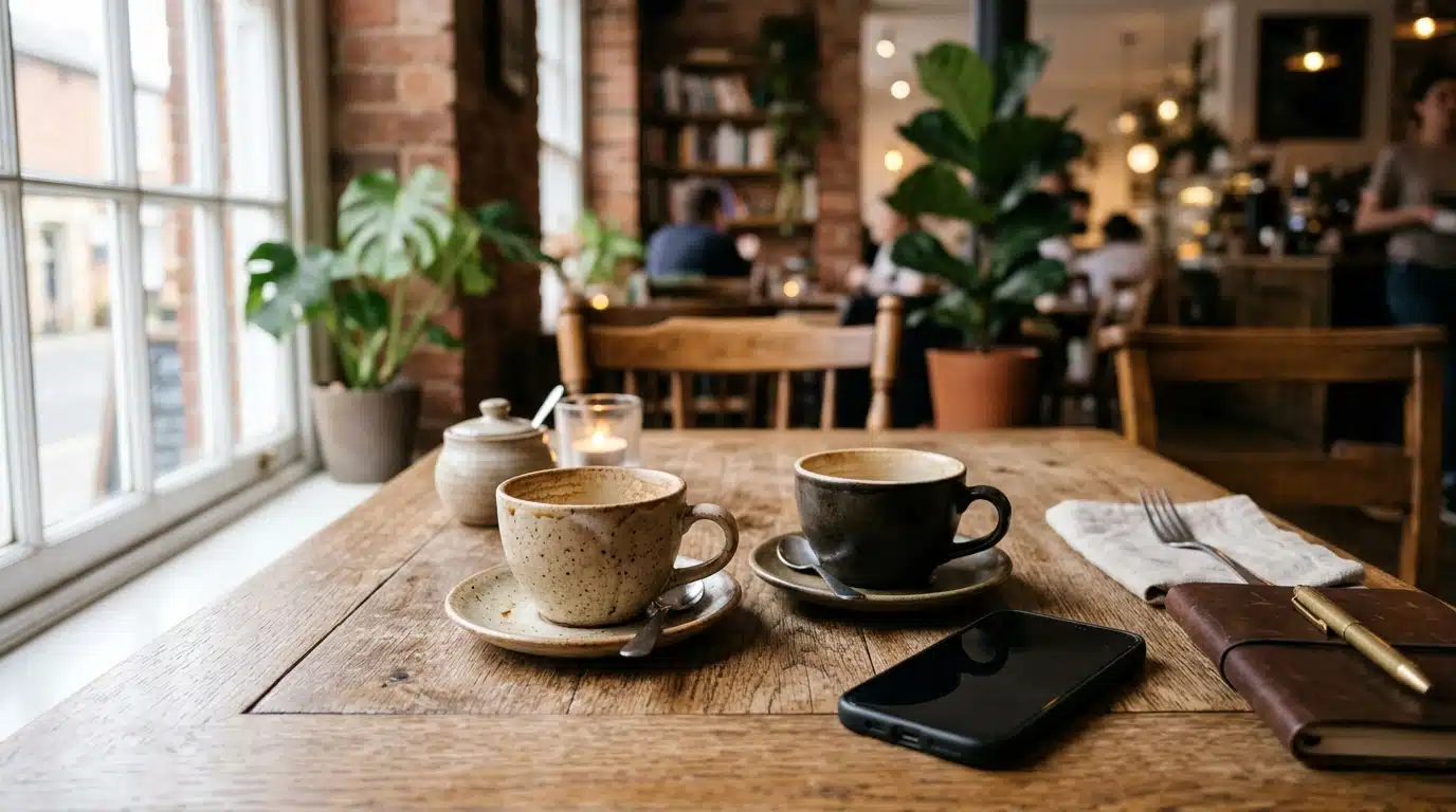 Table de café avec deux tasses et un smartphone, symbole d'une confidence entre amies