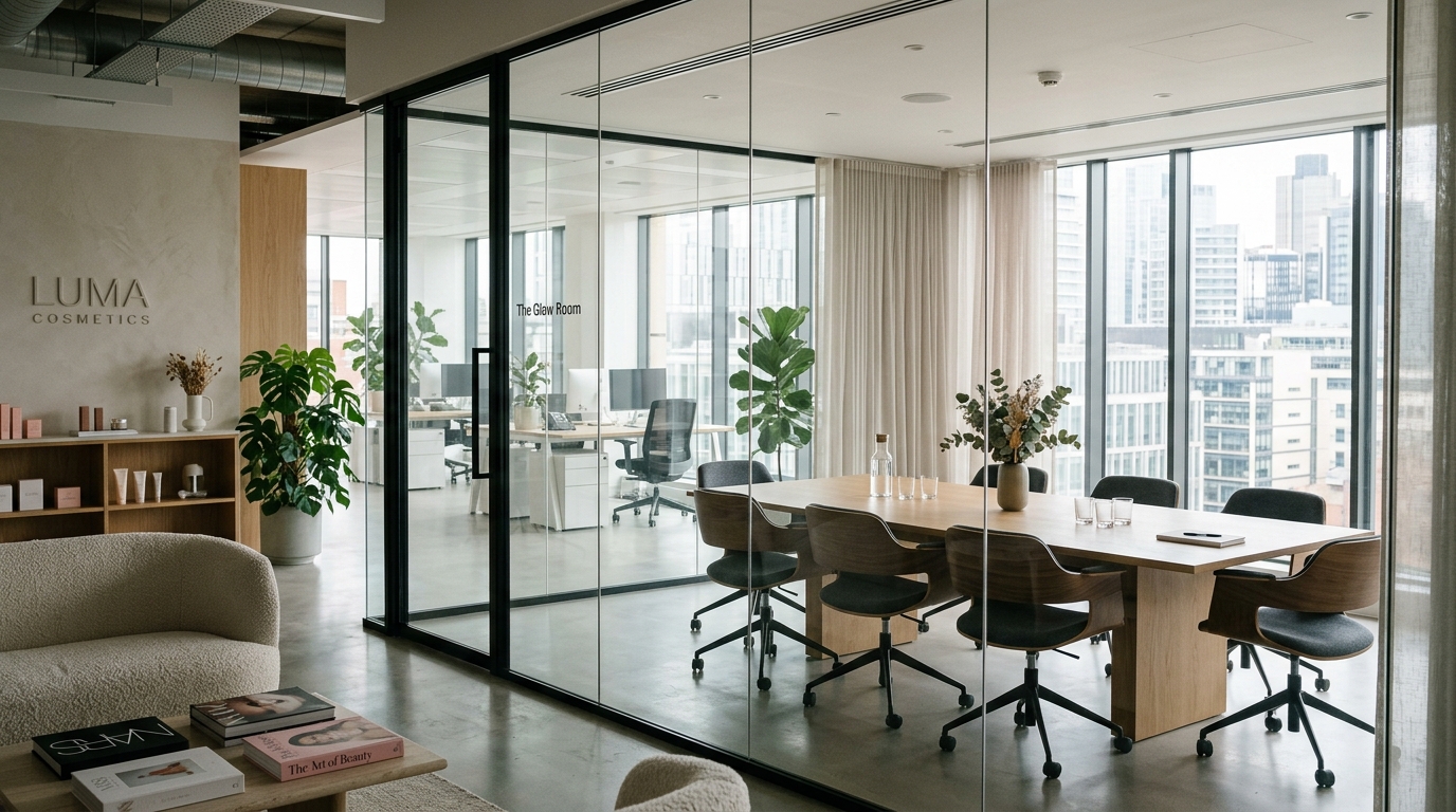 Salle de réunion vitrée d'un bureau moderne de cosmétiques
