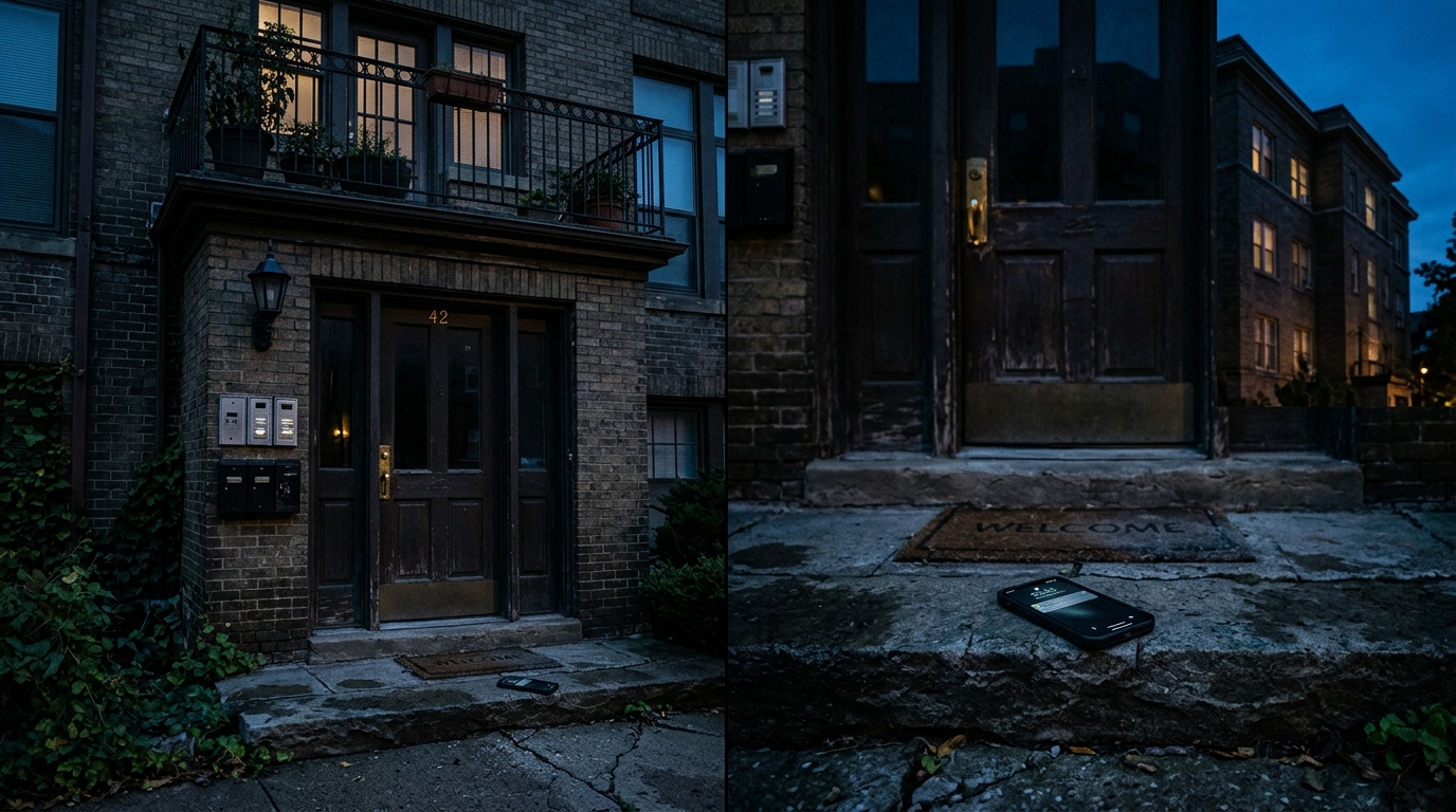 Entrée d'immeuble au crépuscule avec balcon et téléphone
