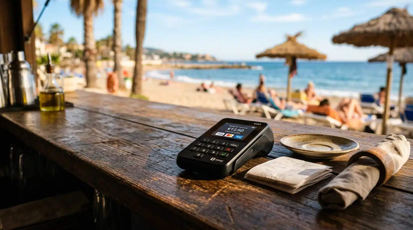 Petit terminal de paiement sans contact posé sur le comptoir en bois d'une paillote de plage