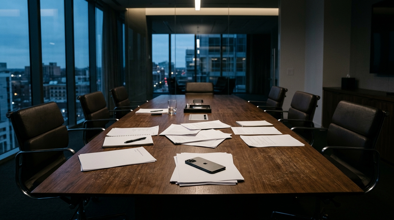 Table de réunion vide avec papiers et téléphone retourné