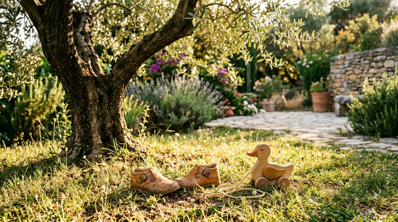 Jardin méditerranéen ensoleillé avec jouet d'enfant sur l'herbe
