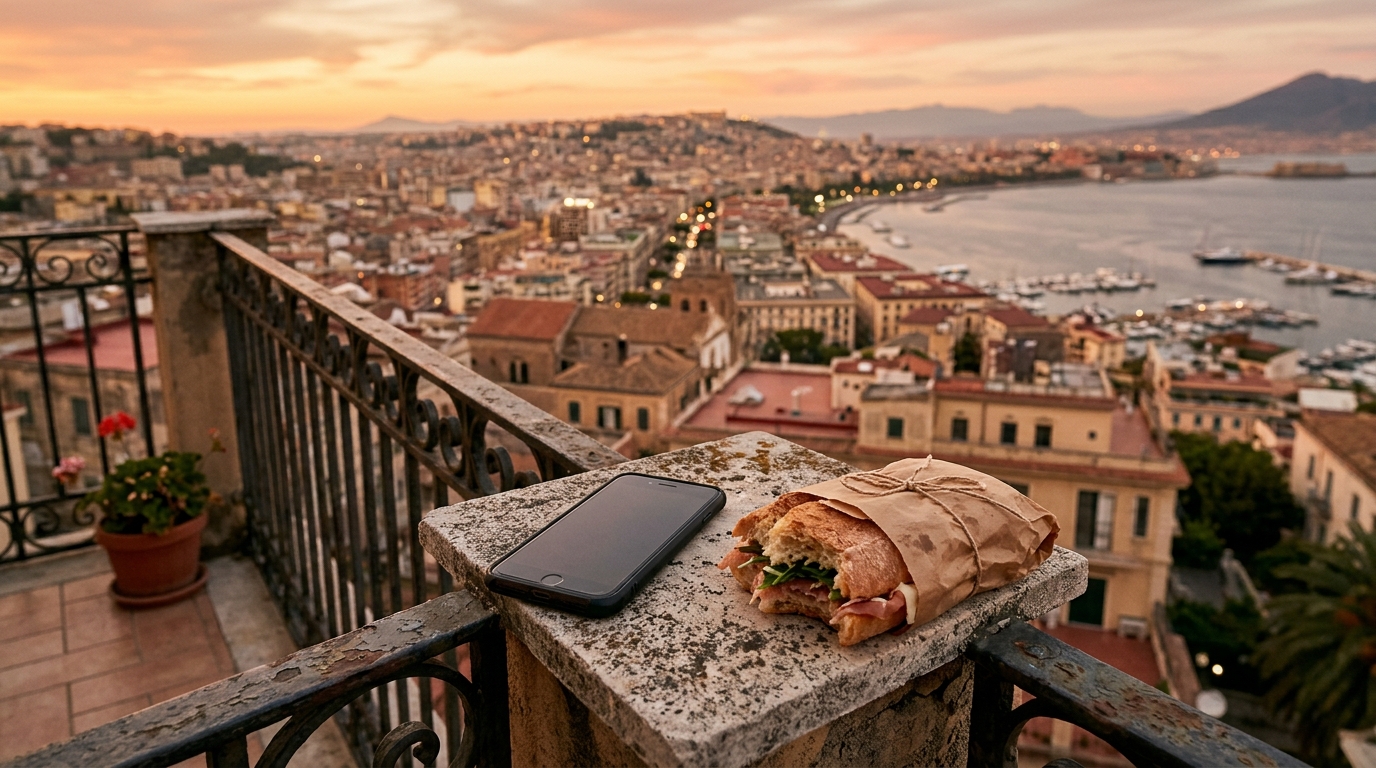 Smartphone posé sur un balcon au crépuscule