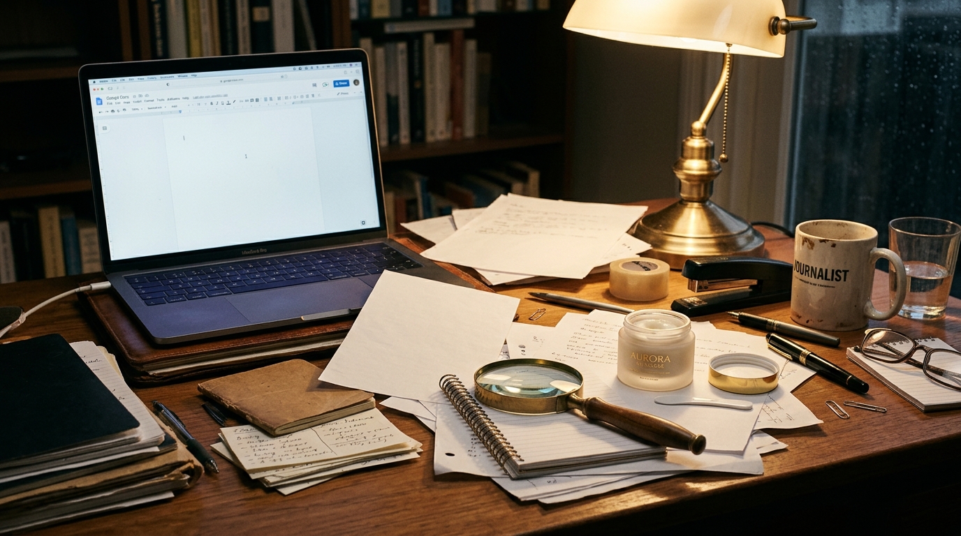 Bureau de journaliste avec loupe, papiers et pot de crème