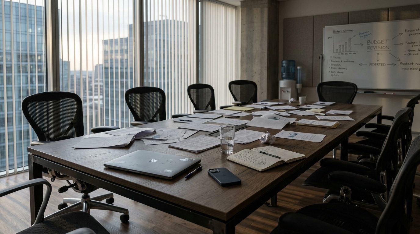 Table de réunion avec dossiers retournés et téléphone