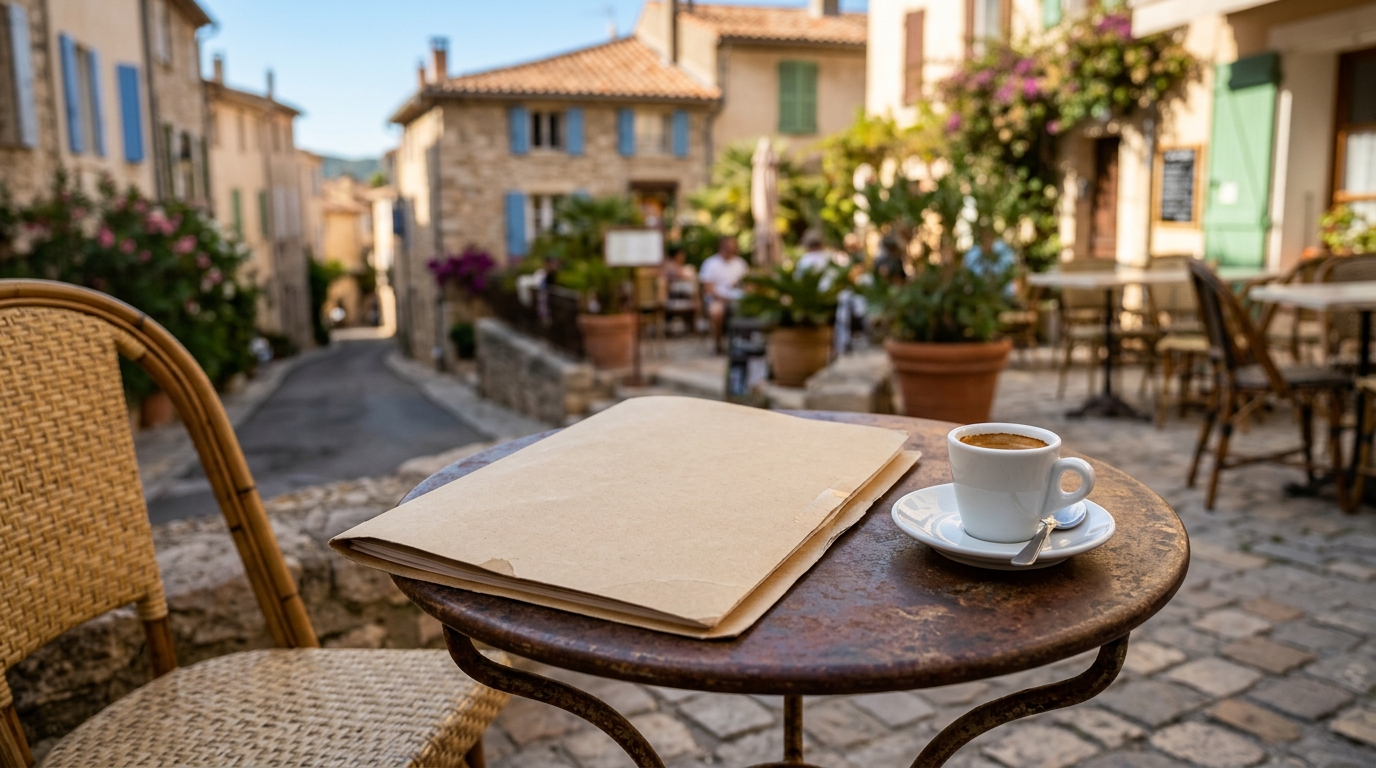 Dossier fermé posé sur une table de terrasse à Montpellier