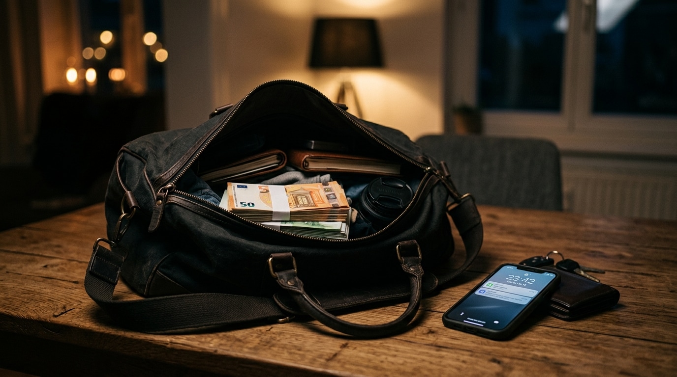 Sac ouvert avec des billets et un téléphone allumé posé à côté