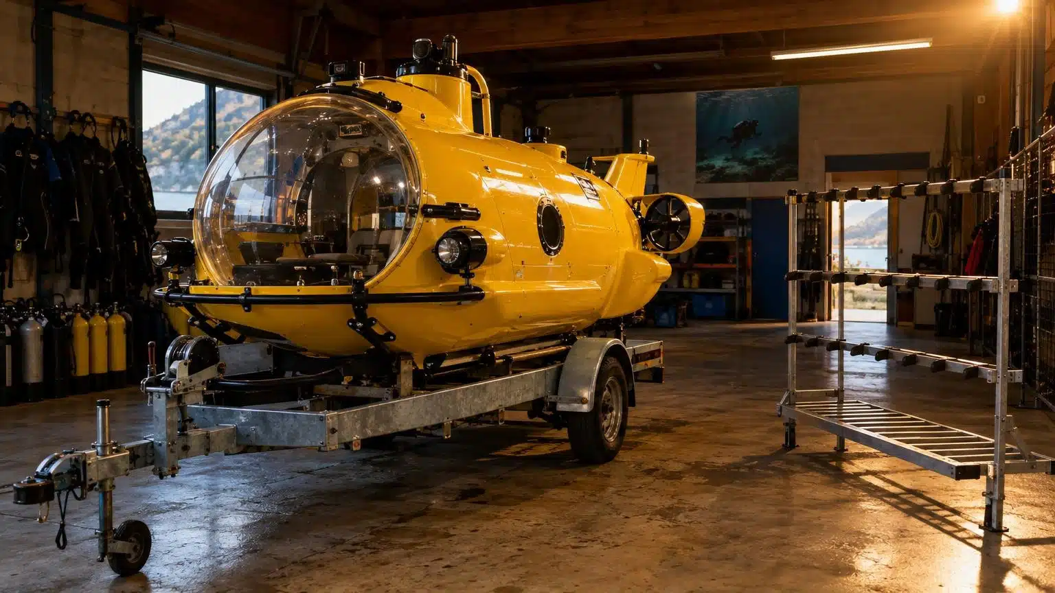 Sous-marin jaune dans le garage d'un club de plongée
