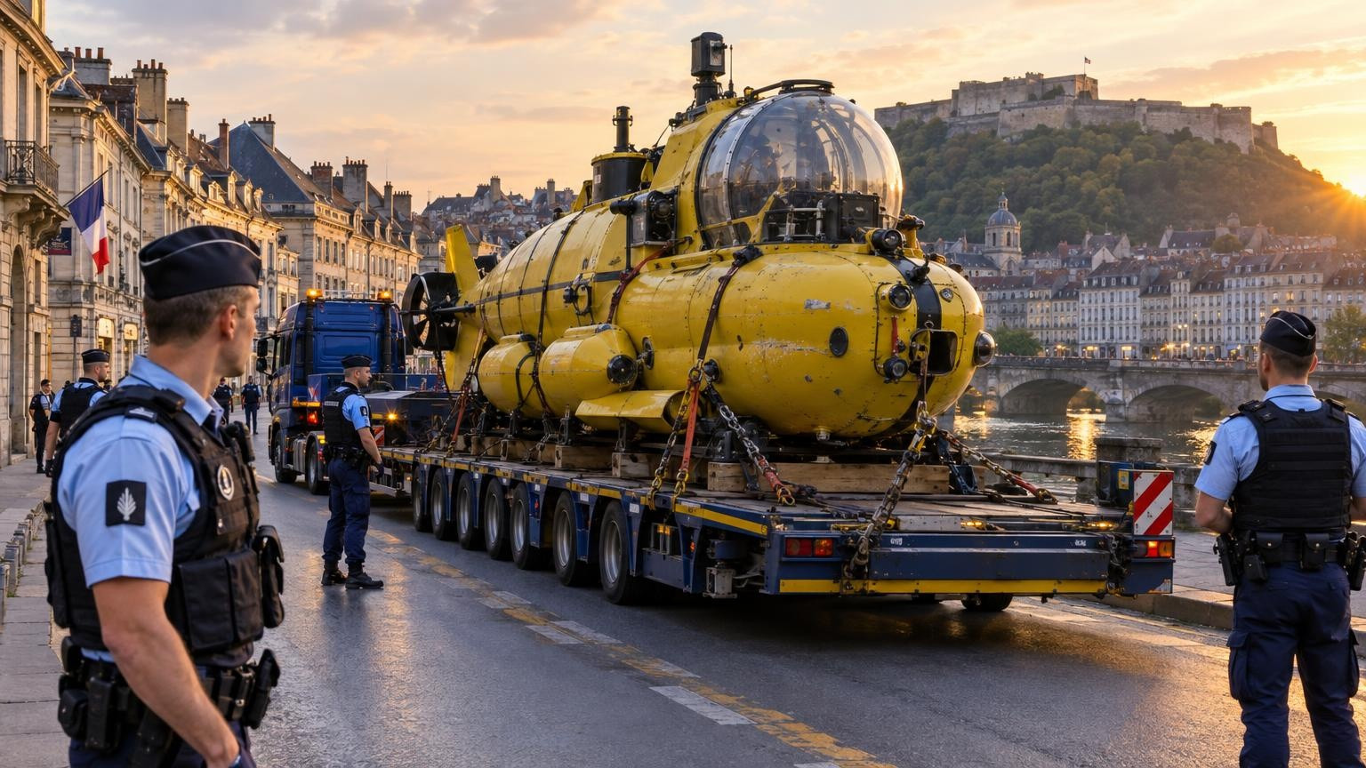 Gendarmes devant le sous-marin jaune retrouvé à Besançon