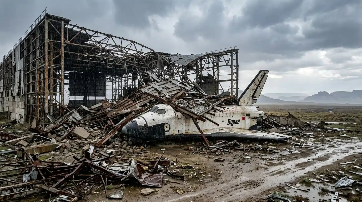 Hangar effondré abritant une navette spatiale sur la steppe