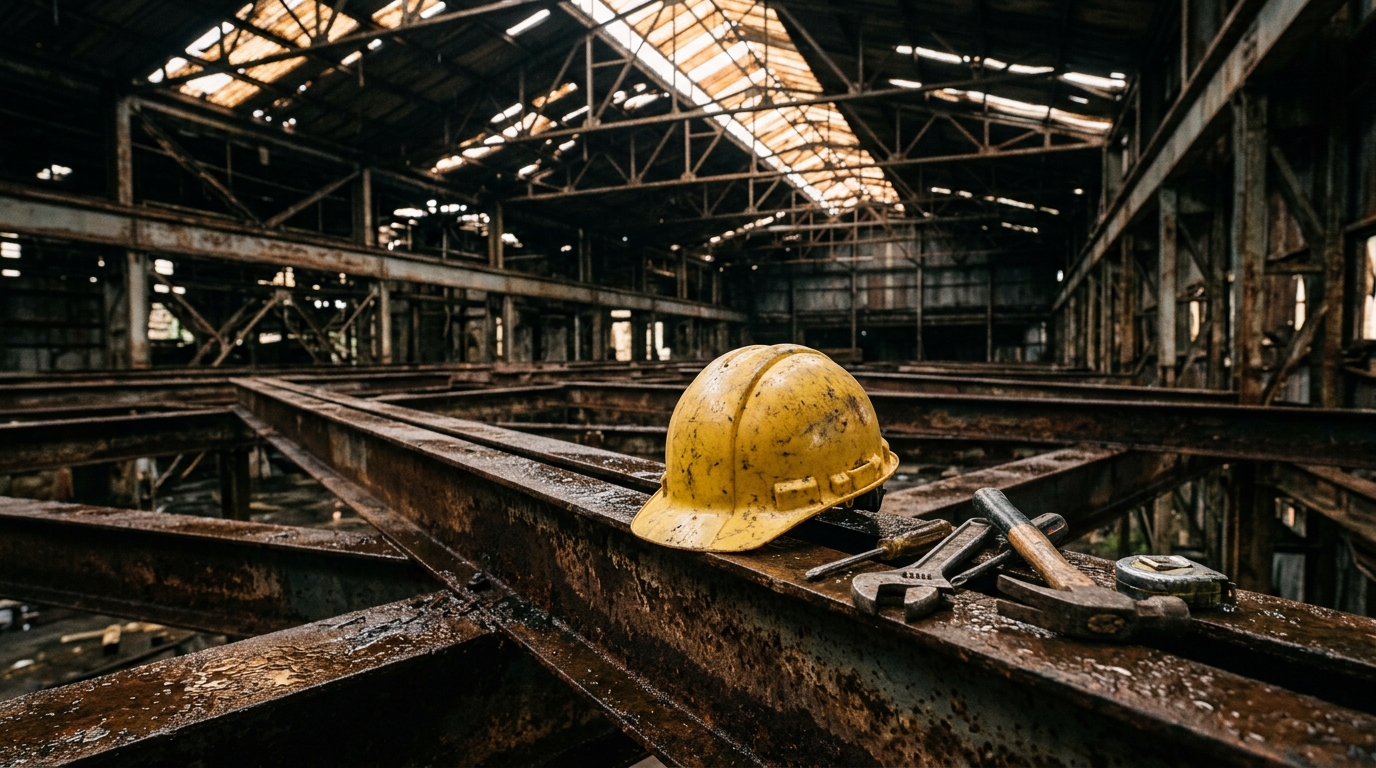 Casque de chantier posé sur des poutres rouillées mouillées