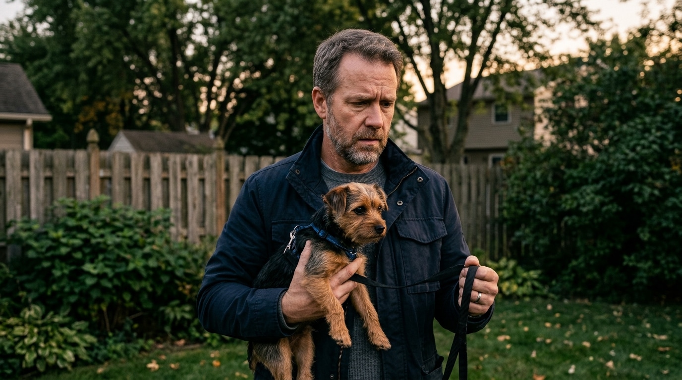 Propriétaire inquiet tenant son petit chien en laisse au crépuscule