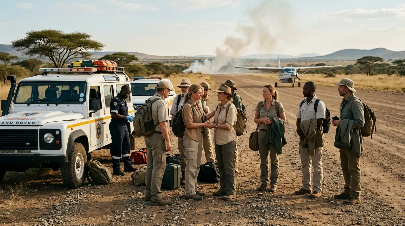 Touristes soulagés près des secours sur une piste africaine