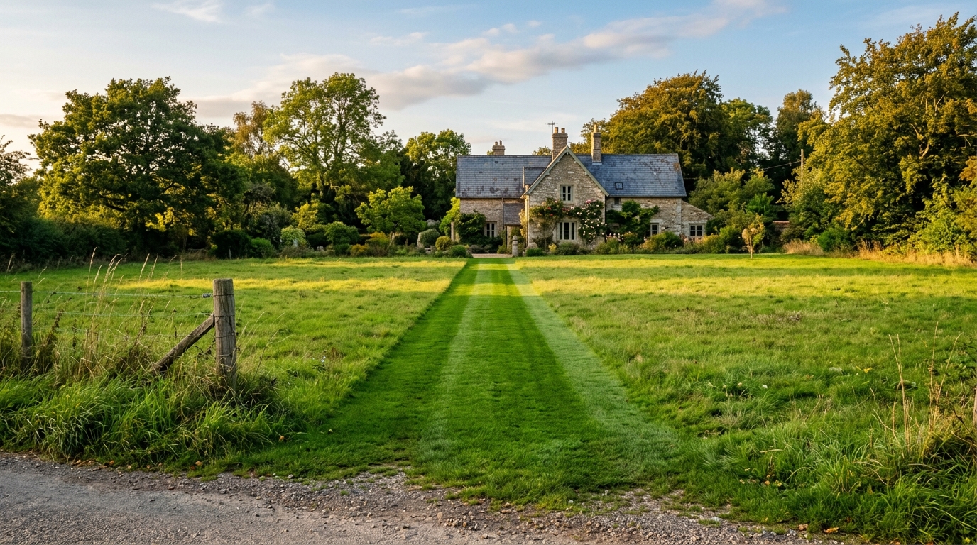 Bande d'herbe plus verte traversant une pelouse jusqu'à la maison