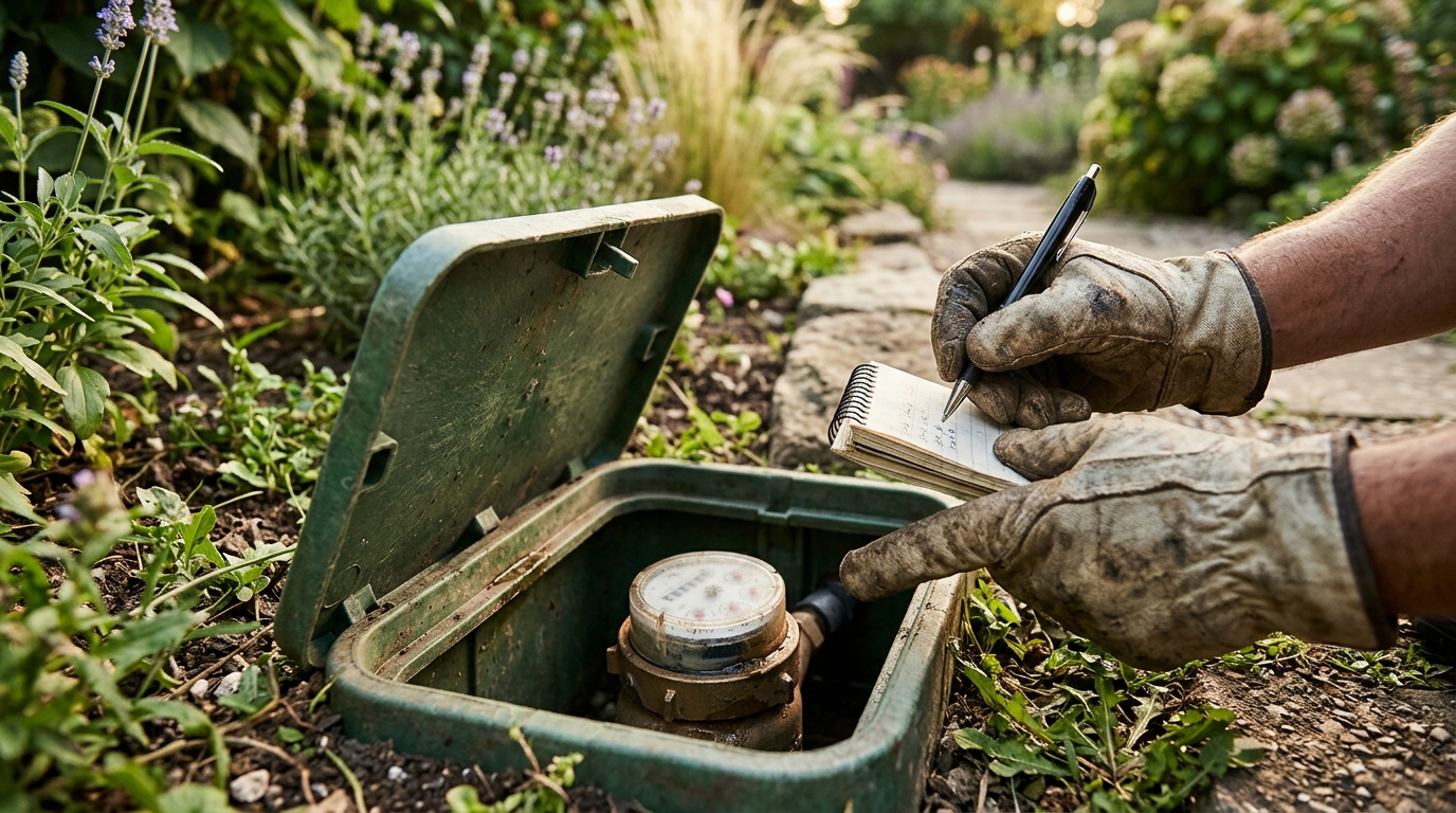 Main gantée près d'un compteur d'eau en limite de jardin