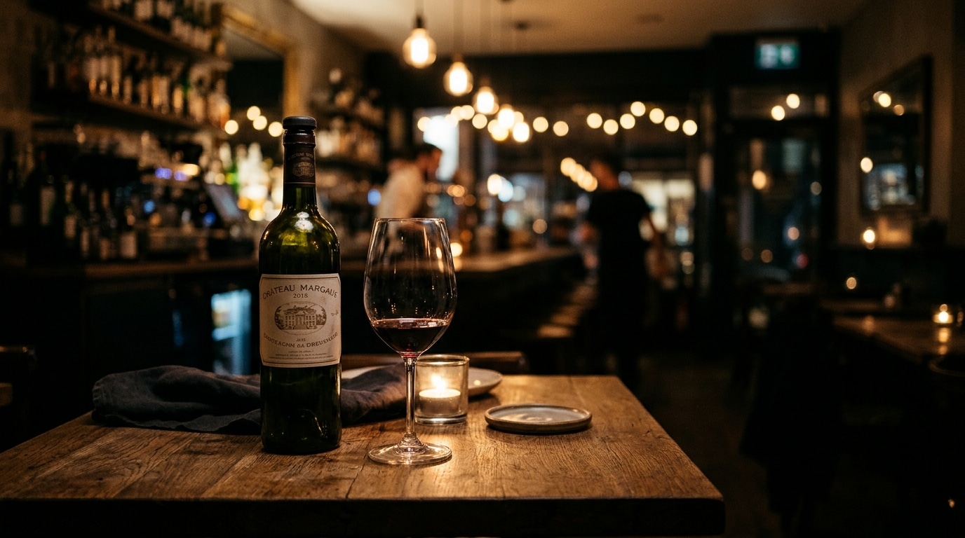 Bouteille de vin vide et verre sur une table de bar en soirée