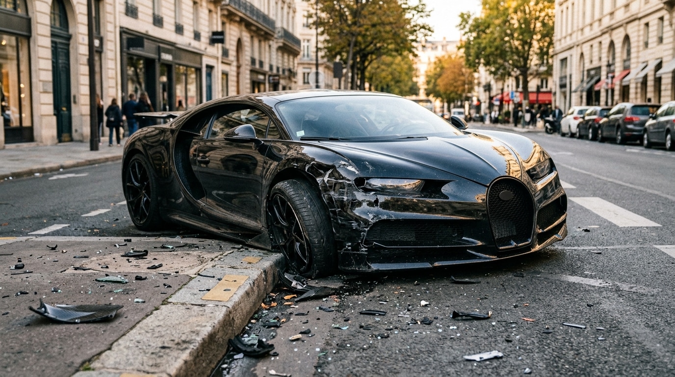 Hypercar noire écrasée contre une bordure en béton