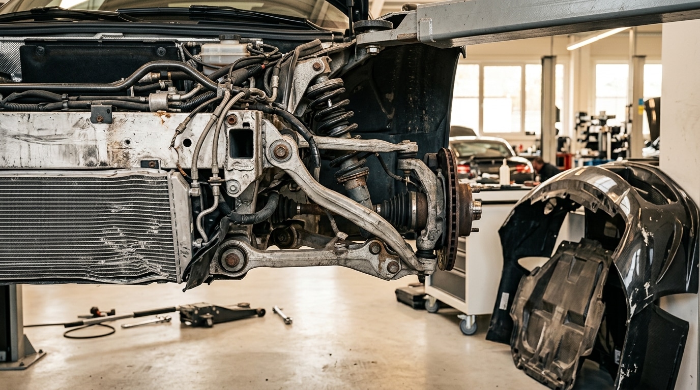 Suspension tordue et radiateur exposé sous une supercar accidentée