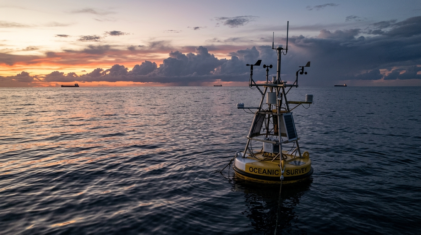 Bouée océanographique flottant en pleine mer au crépuscule