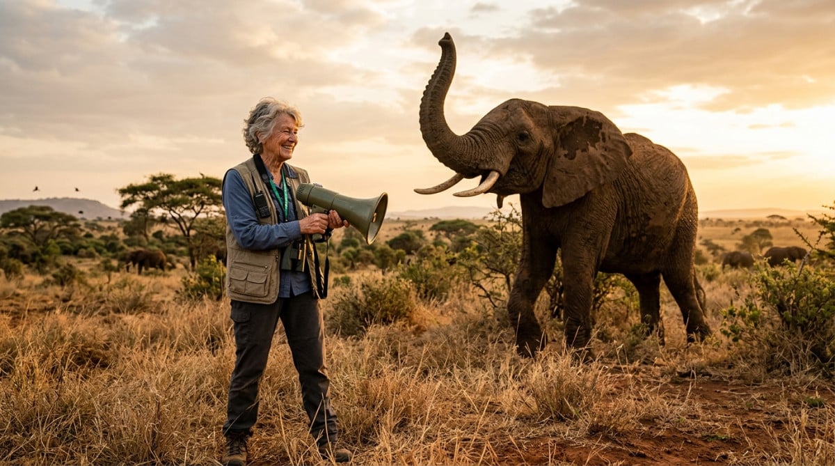 Une chercheuse diffuse des appels d'éléphants dans la savane