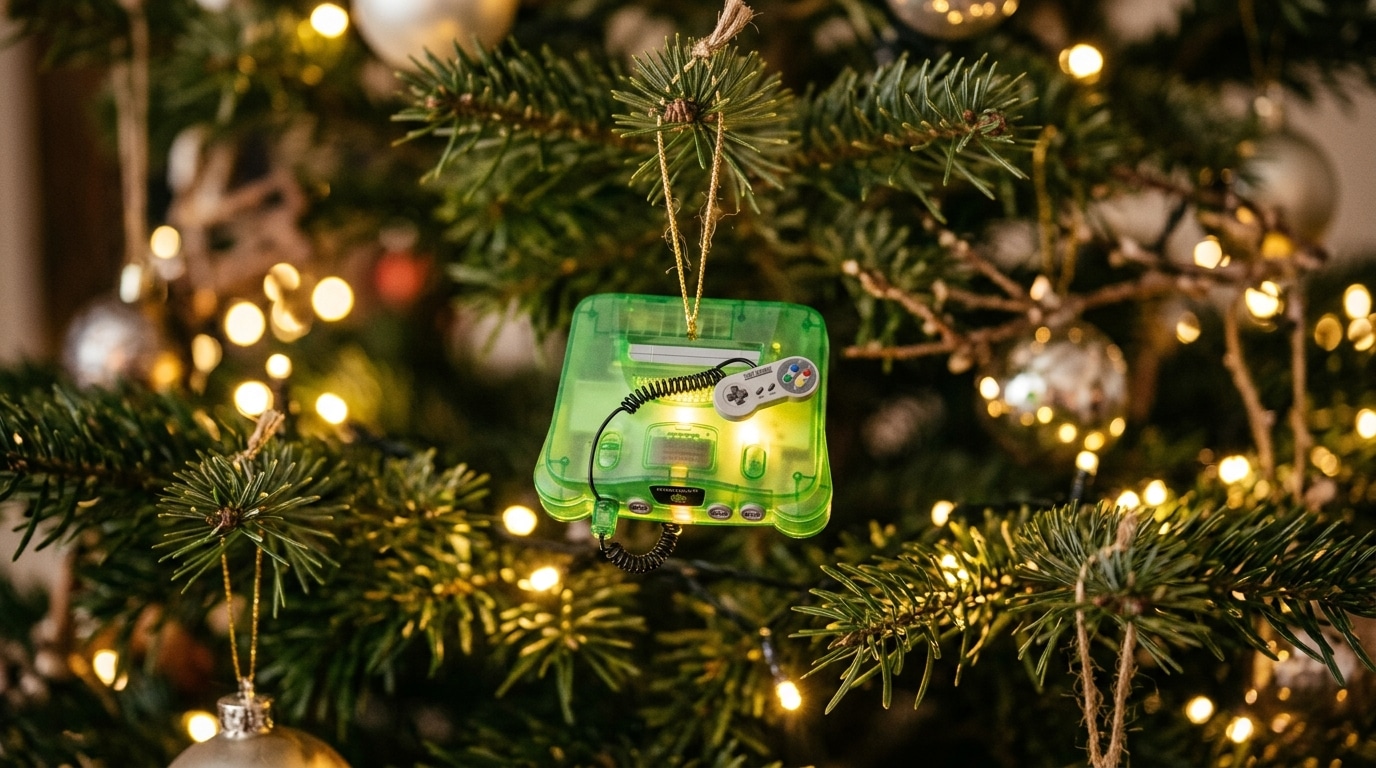 Mini console verte translucide suspendue à une branche de sapin