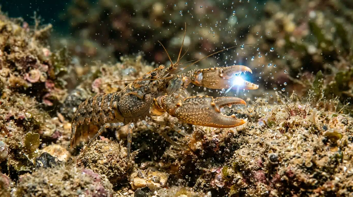 Crevette à grosse pince émettant un éclair sous l'eau