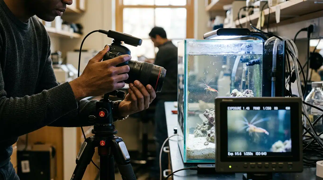 Caméra ultra-rapide braquée sur un aquarium de crevette