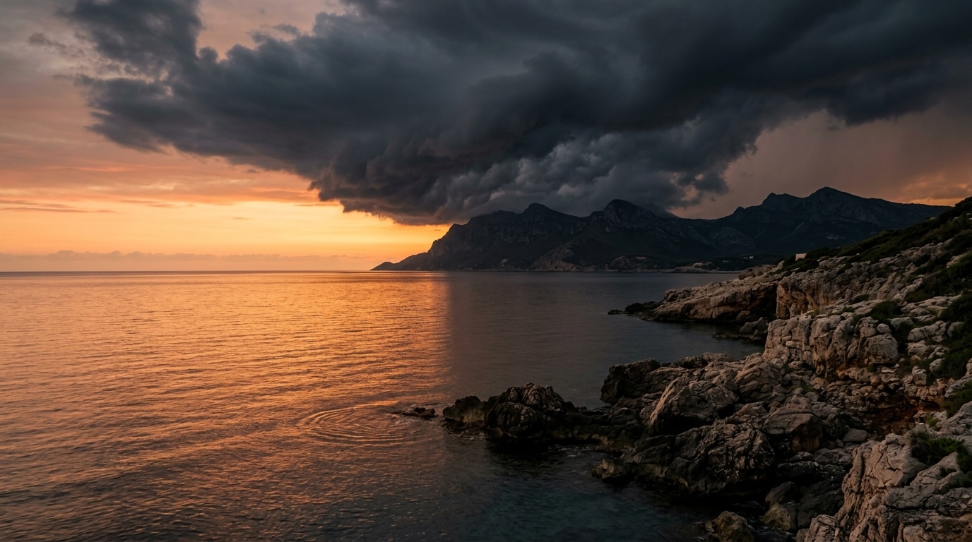 Mer Méditerranée chaude au crépuscule sous un ciel d'orage