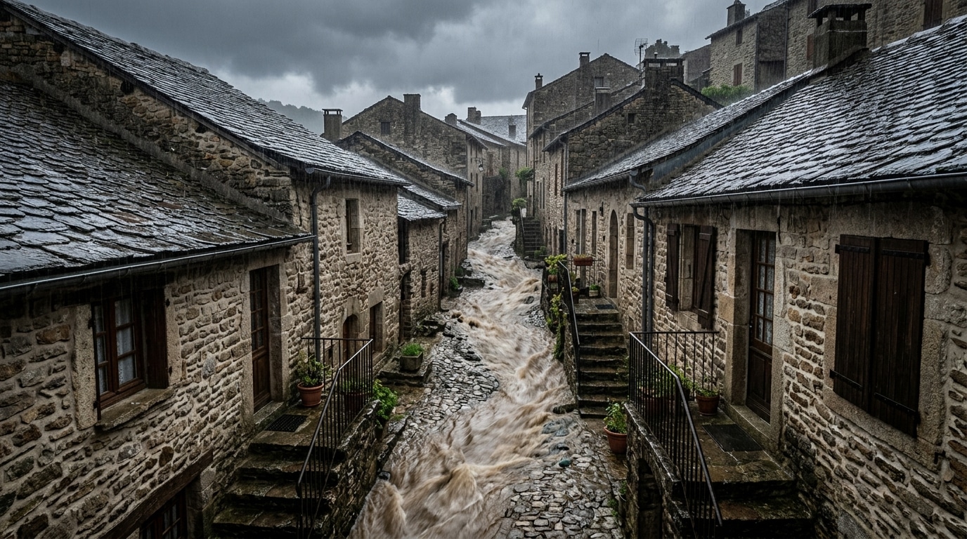 Ruelle de village cévenol inondée sous une pluie torrentielle