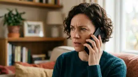 Personne inquiète au téléphone dans son salon