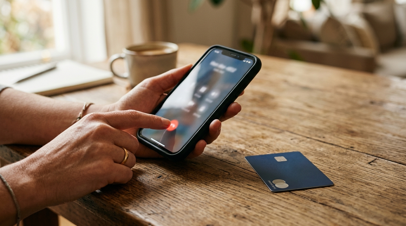 Main tenant un smartphone près d'une carte bancaire