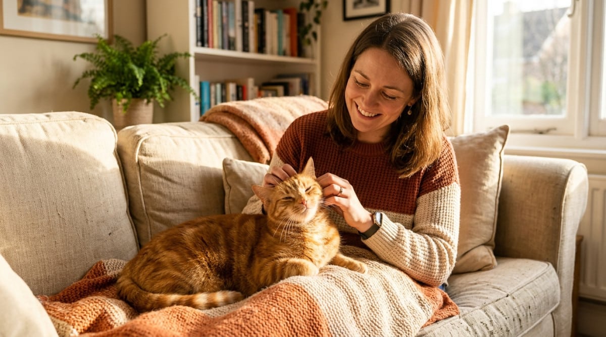 Une femme caresse un chat tigré qui ronronne