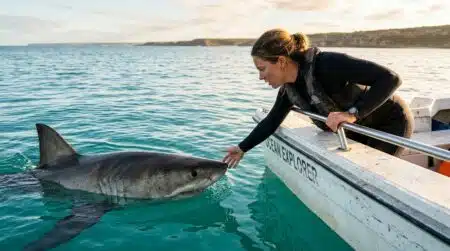 Femme penchée sur un bateau face à un requin blanc