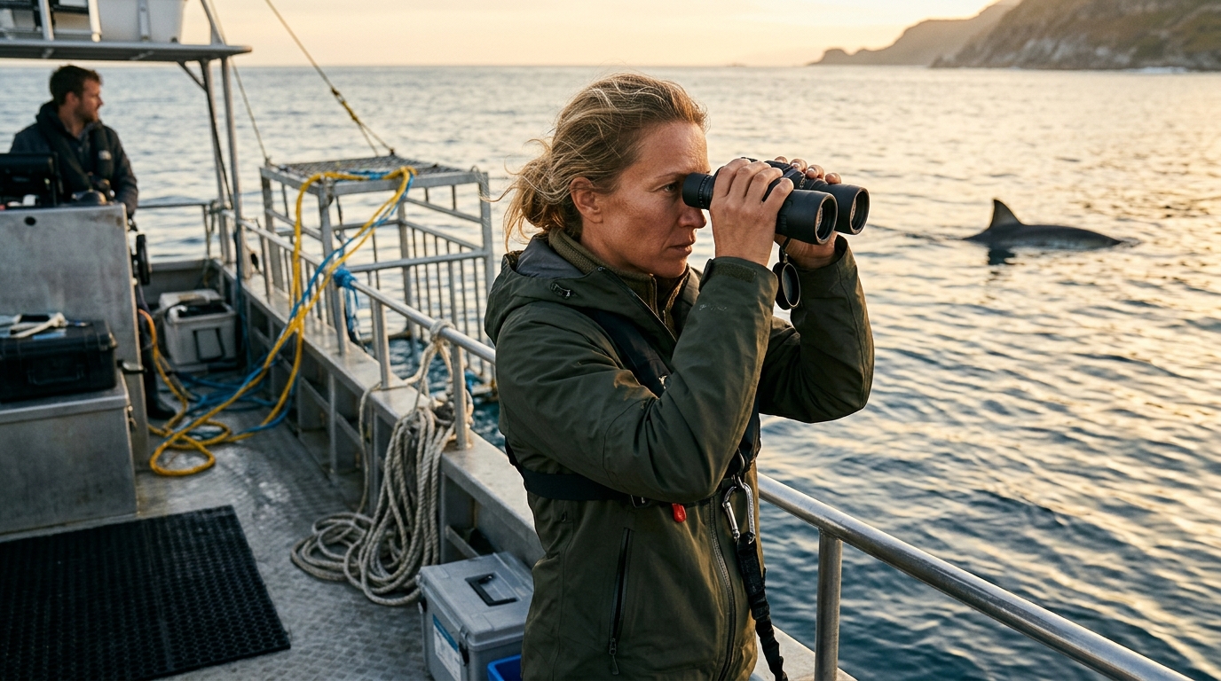 Biologiste marin observant un requin depuis un bateau