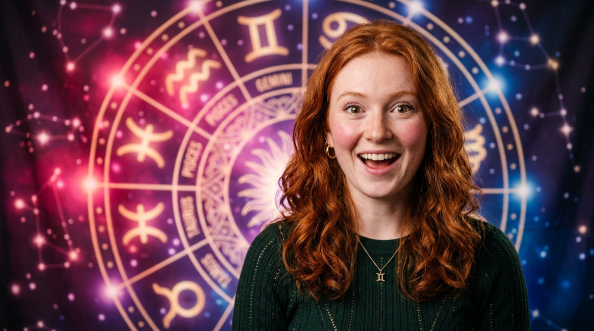 Une femme souriante contemplant un ciel doré rempli de constellations pour l'horoscope du lundi 26 octobre 2026