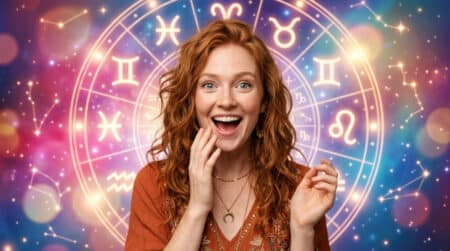 Une femme souriante contemplant un ciel étoilé aux couleurs chaudes pour l'horoscope du 20 octobre 2026