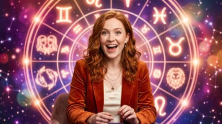 Une femme souriante contemplant un ciel étoilé doré et une Lune croissante pour l'horoscope du 14 octobre 2026
