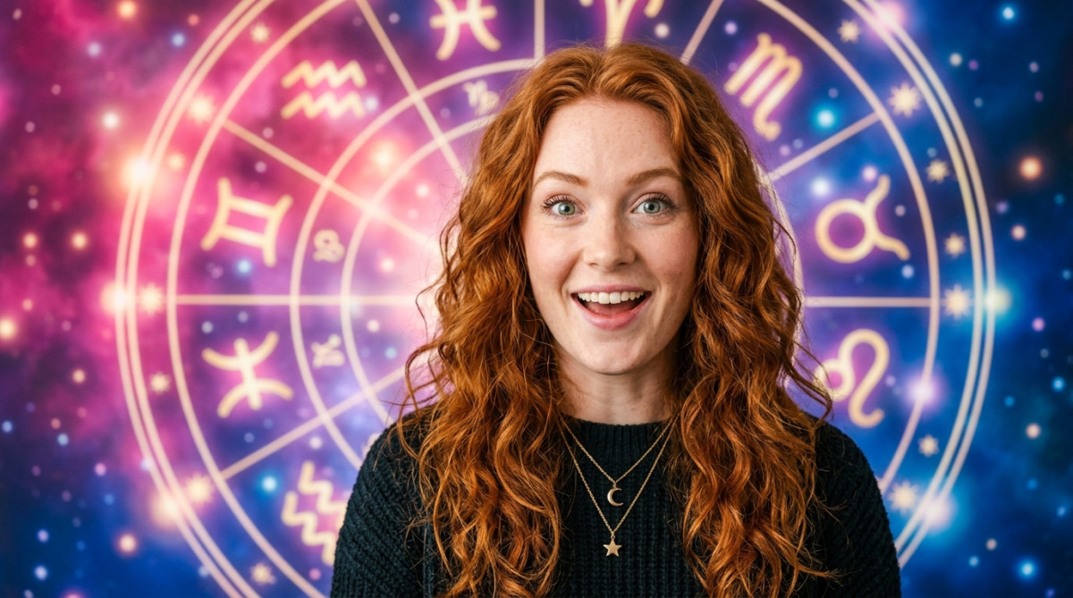 Une femme souriante contemplant un ciel étoilé doré pour l'horoscope du 21 octobre 2026