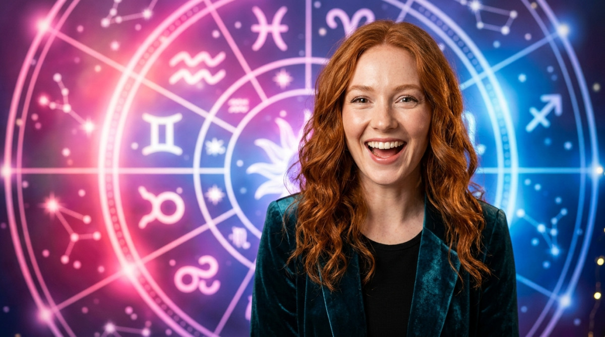 Une femme souriante contemplant un ciel étoilé doré sous la Lune pour l'horoscope du samedi 24 octobre 2026