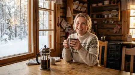 Une Finlandaise savoure son café dans sa cuisine