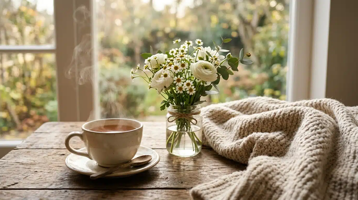 Une tasse de thé fumante posée sur une table en bois à côté d'un petit bouquet de fleurs blanches