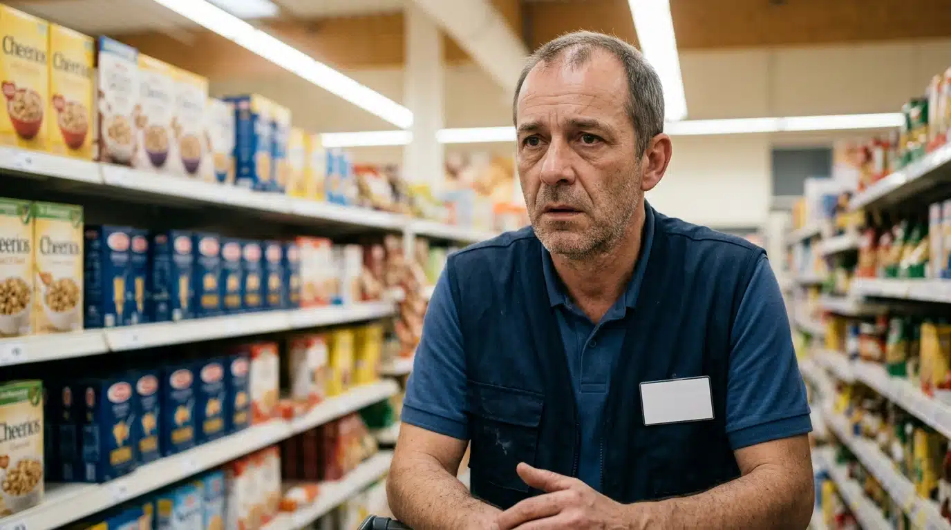 Employée de supermarché inquiète dans un rayon calme