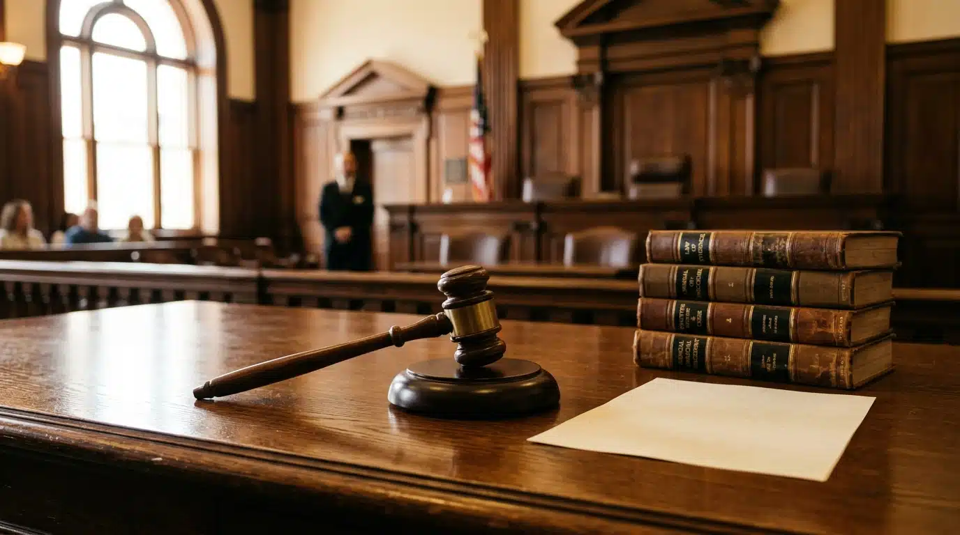 Marteau de juge posé sur un bureau de tribunal