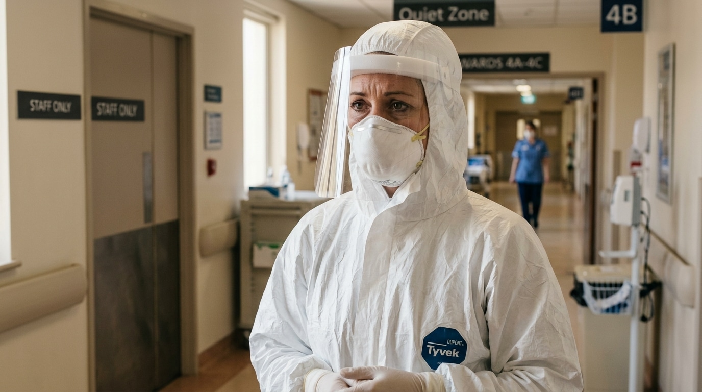 Soignant en combinaison de protection dans un couloir d'hôpital