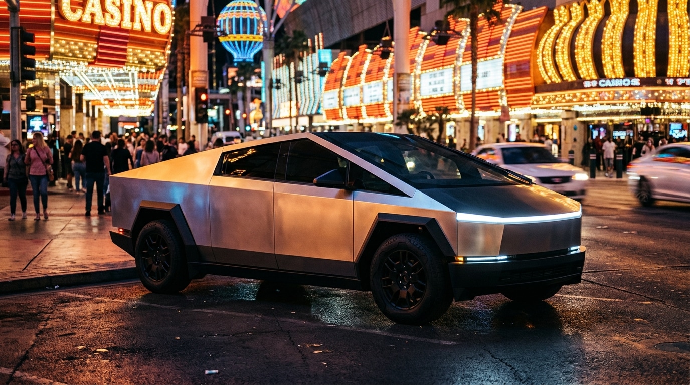 Voiture low-poly anguleuse sous les néons de Las Vegas